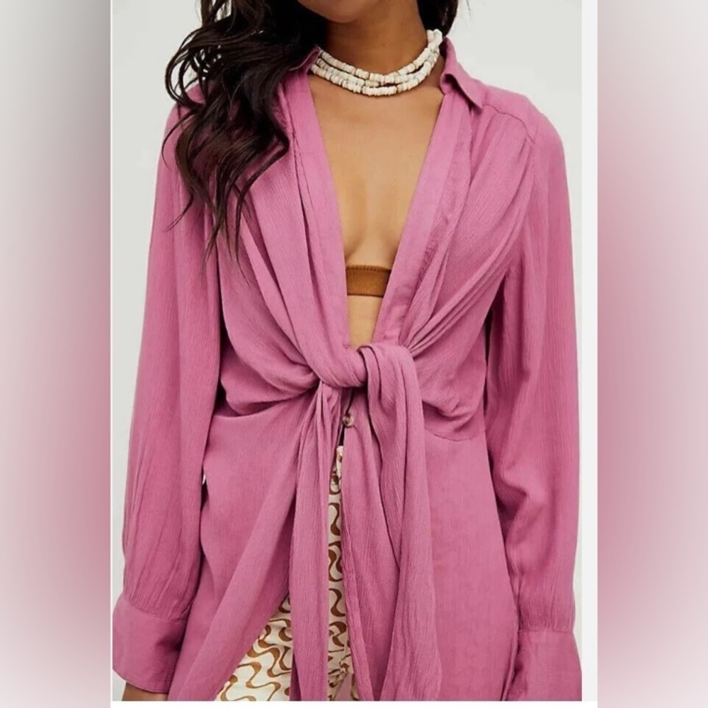 Free People Worlds Apart Tunic Plum Tie Front Button Long Sleeve Gauze Top M